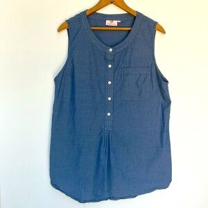 Marleylilly Sleeveless Top Blue Denim Colored Front Buttons 100% Cotton Pocket